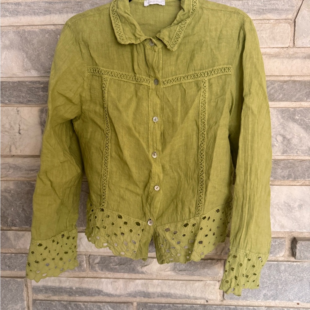 100% Linen Button-Front Jacket Top • Made in Italy • Chartreuse Green